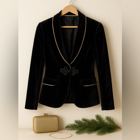 ASOS Jackets & Blazers - Black Velvet Shawl Blazer w/ Gold Trim & Frog Closure – Holiday Party, Unisex S